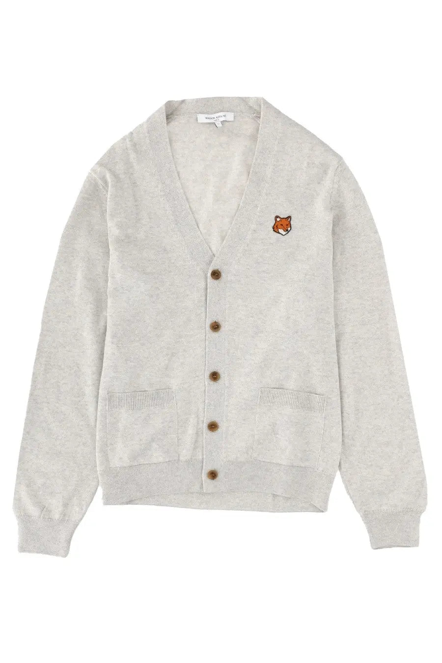 Maison Kitsuné men’s grey heathered knit cardigan with small embroidered fox patch and brown buttons