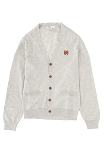 Maison Kitsuné men’s grey heathered knit cardigan with small embroidered fox patch and brown buttons