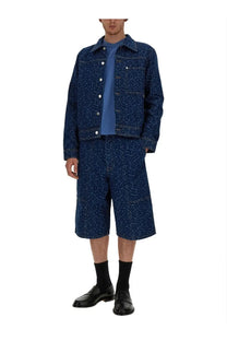 Maison Kitsuné men’s fox head jersey blue dark blue denim jacket with subtle white abstract pattern and silver buttons