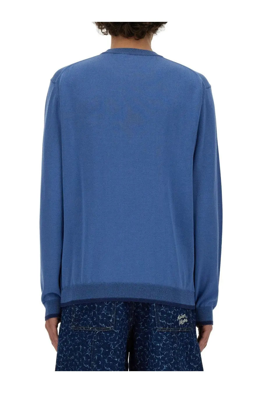 Maison kitsuné men’s blue knit sweater with ribbed cuffs and hem featuring fox head jersey design