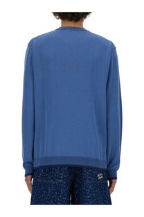 Maison kitsuné men’s blue knit sweater with ribbed cuffs and hem featuring fox head jersey design