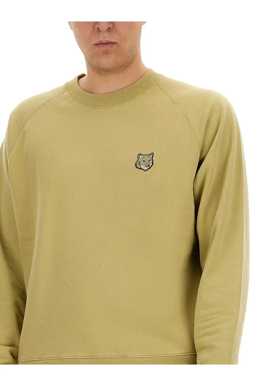 Maison Kitsuné men’s olive green crewneck sweatshirt with small embroidered fox face on left chest