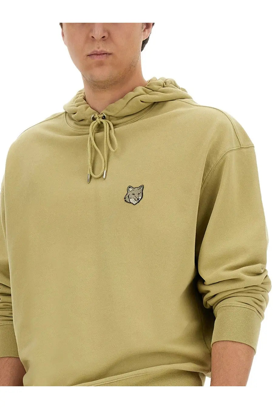Maison Kitsuné men’s oversized olive green hooded sweatshirt with embroidered fox patch and matching drawstrings