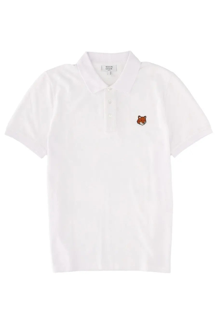 Maison Kitsuné men’s white cotton polo shirt with a small embroidered fox logo on the left chest