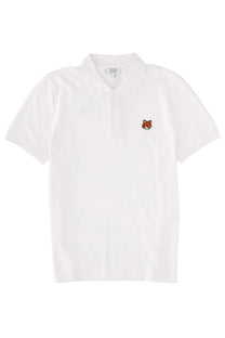 Maison Kitsuné men’s white cotton polo shirt with a small embroidered fox logo on the left chest