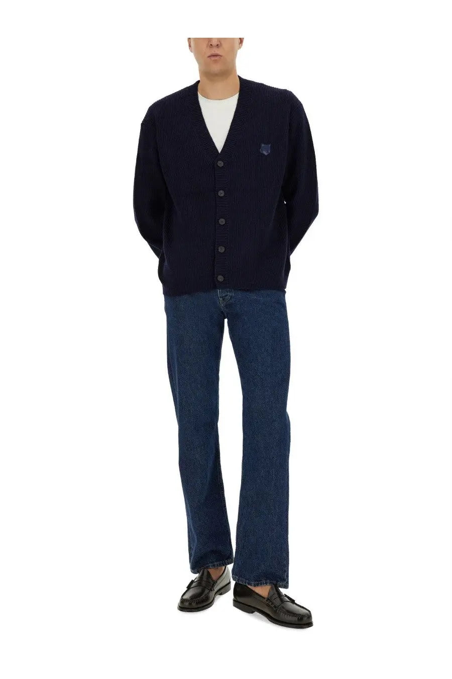 Maison Kitsuné men’s navy blue ribbed knit cardigan with small embroidered logo on left chest for stylish layering