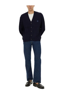 Maison Kitsuné men’s navy blue ribbed knit cardigan with small embroidered logo on left chest for stylish layering