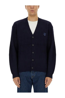 Maison Kitsuné men’s navy blue ribbed knit cardigan with small embroidered shield logo on left chest