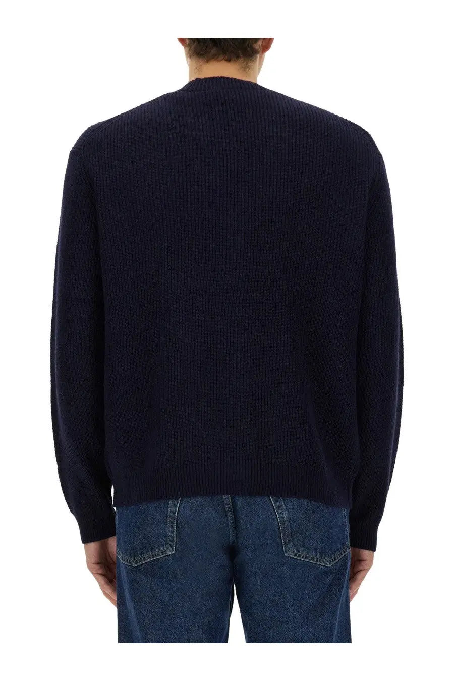Navy blue ribbed knit cardigan for men by Maison Kitsuné made from soft wool blend for stylish layering
