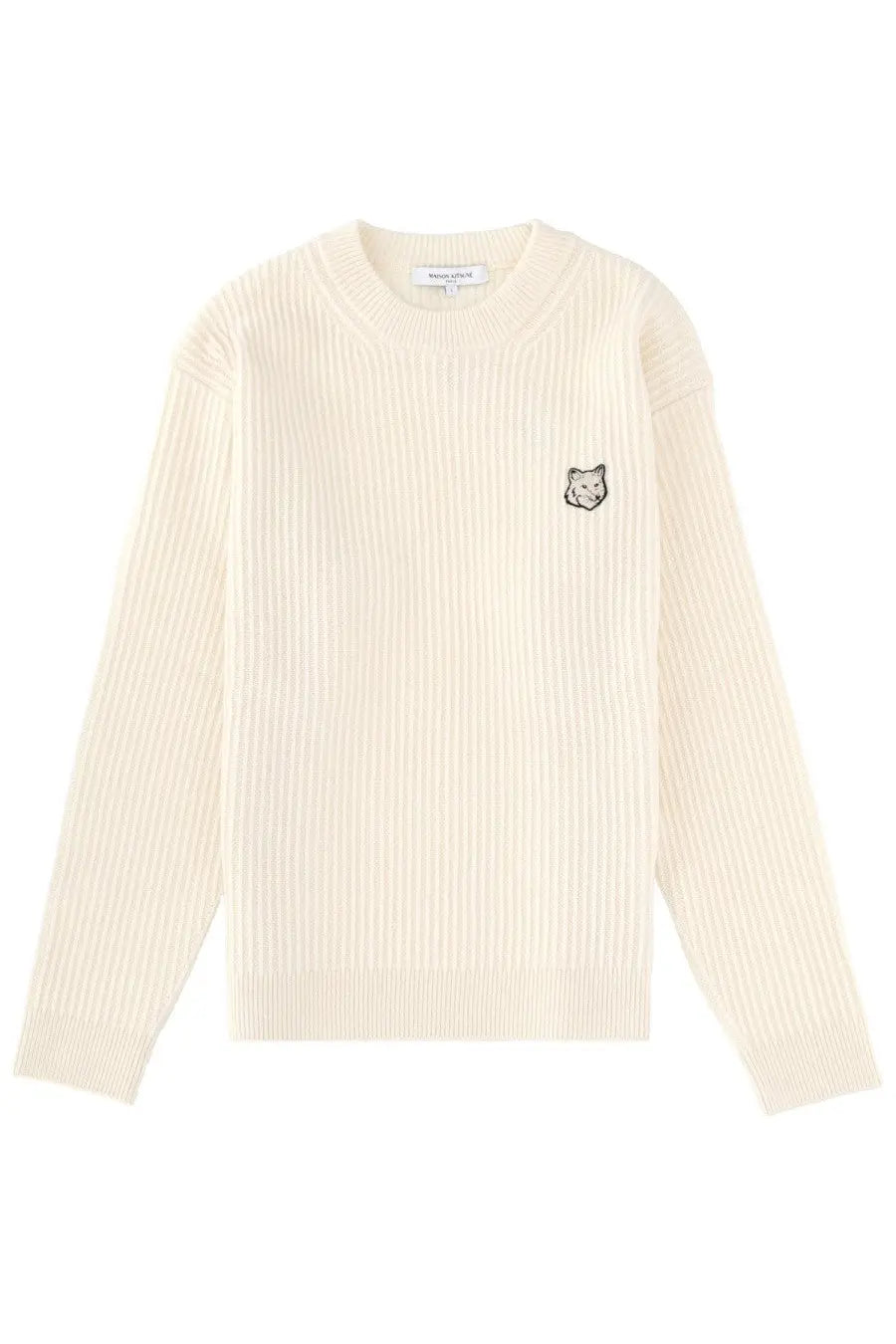 Maison Kitsuné men’s cream ribbed knit sweater with small embroidered fox face on the left chest