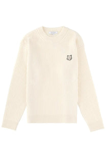 Maison Kitsuné men’s cream ribbed knit sweater with small embroidered fox face on the left chest