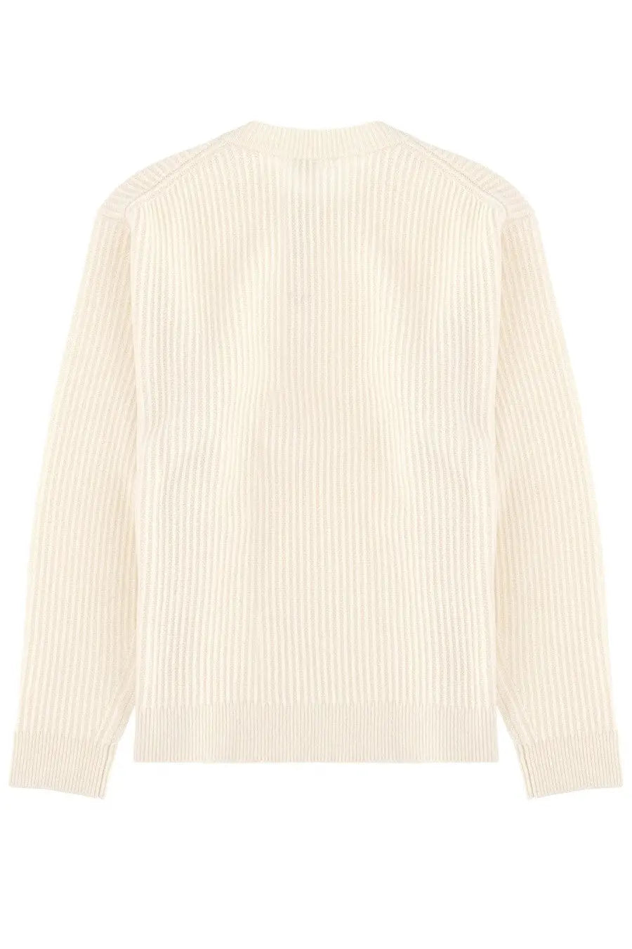 Cream-colored ribbed knit sweater with classic crew neck and long sleeves from Maison Kitsuné men’s collection