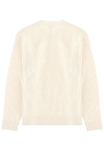 Cream-colored ribbed knit sweater with classic crew neck and long sleeves from Maison Kitsuné men’s collection