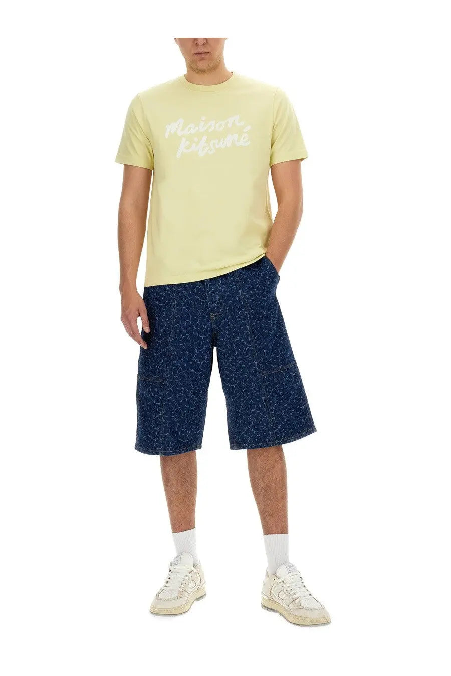 Maison kitsuné men’s beige t-shirt in pale yellow with a white cursive logo across the chest