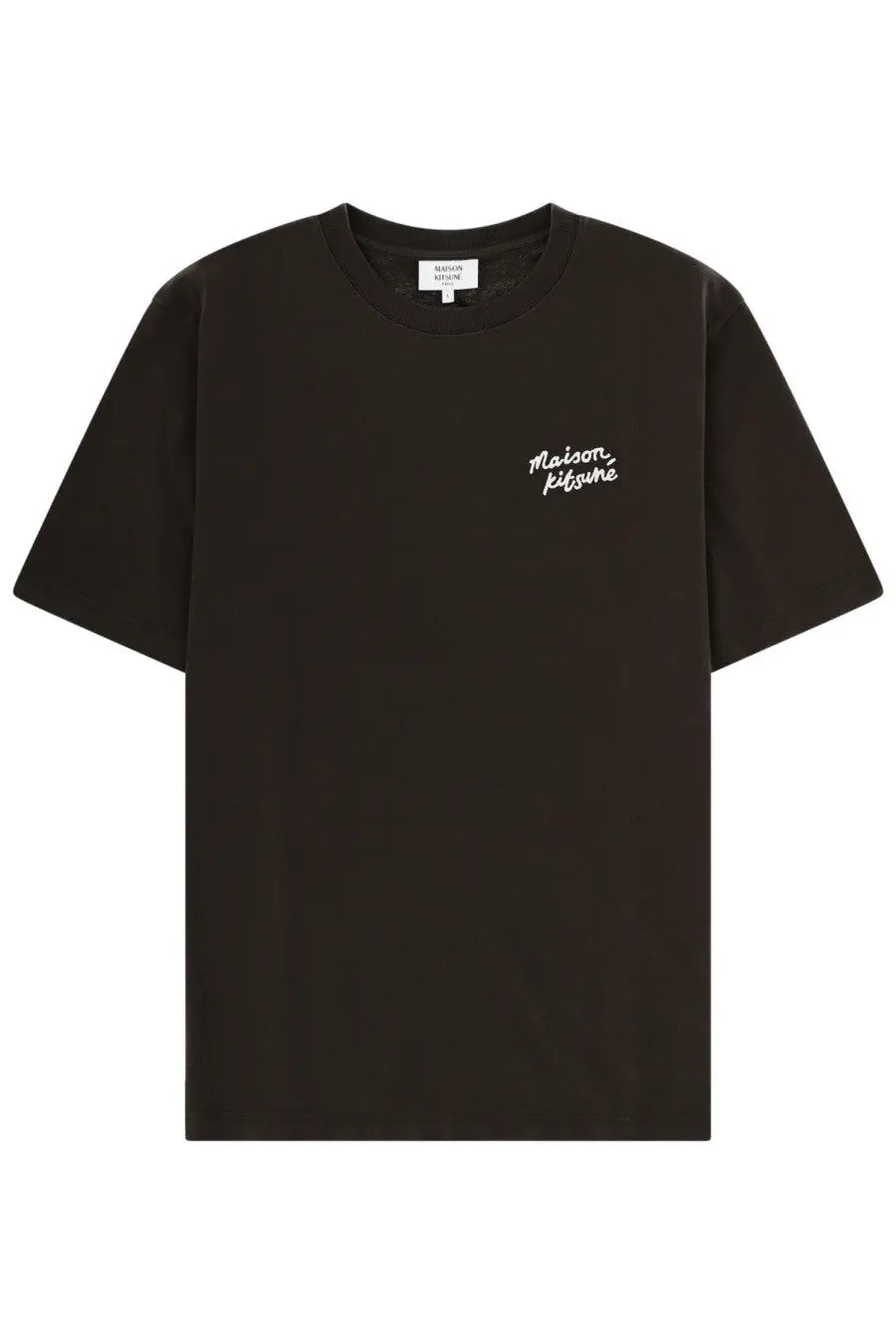 Maison kitsuné men’s black t-shirt with a small white cursive logo on the left chest for casual wear