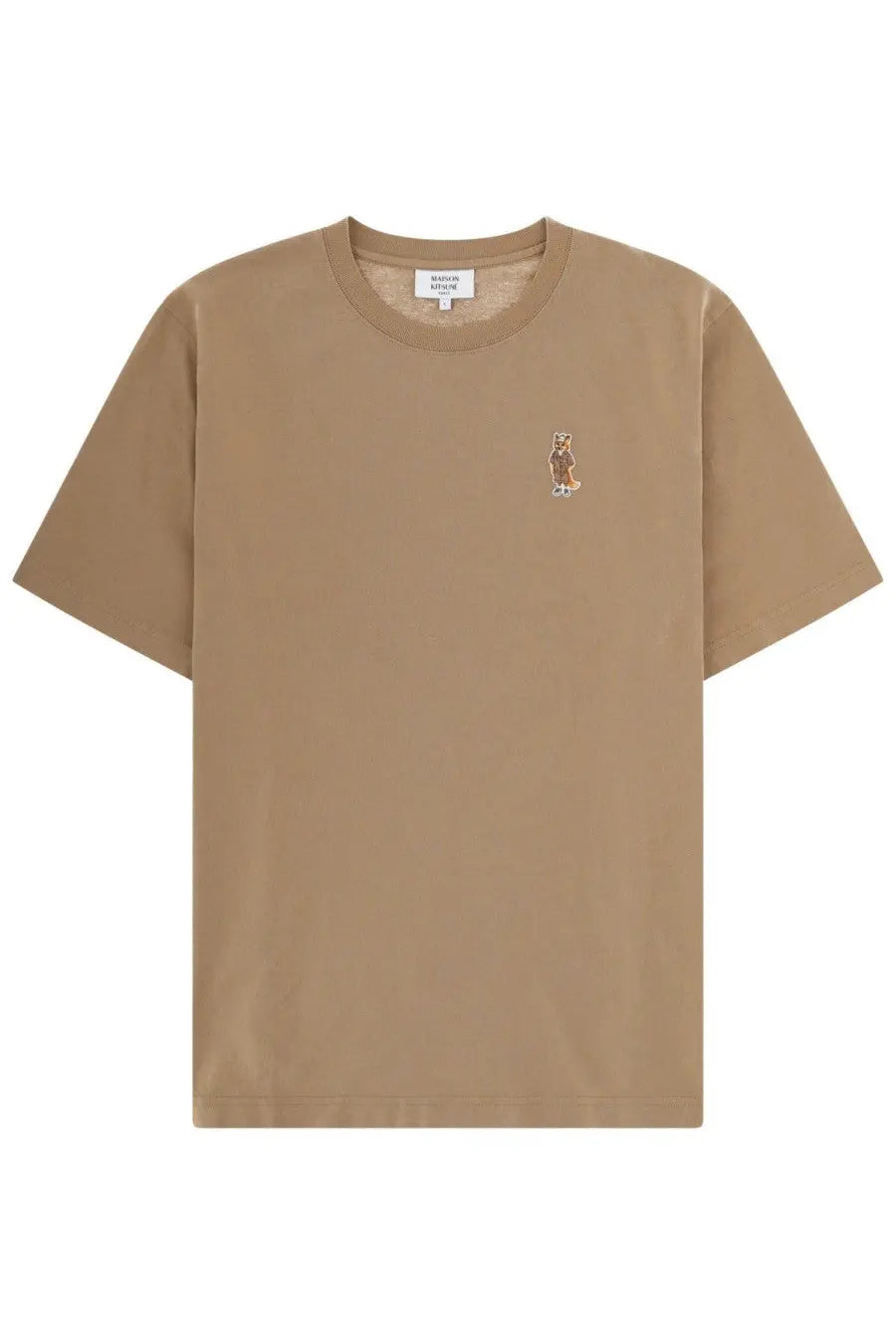 Maison Kitsuné men’s beige short-sleeved cotton t-shirt with small embroidered fox on the left chest