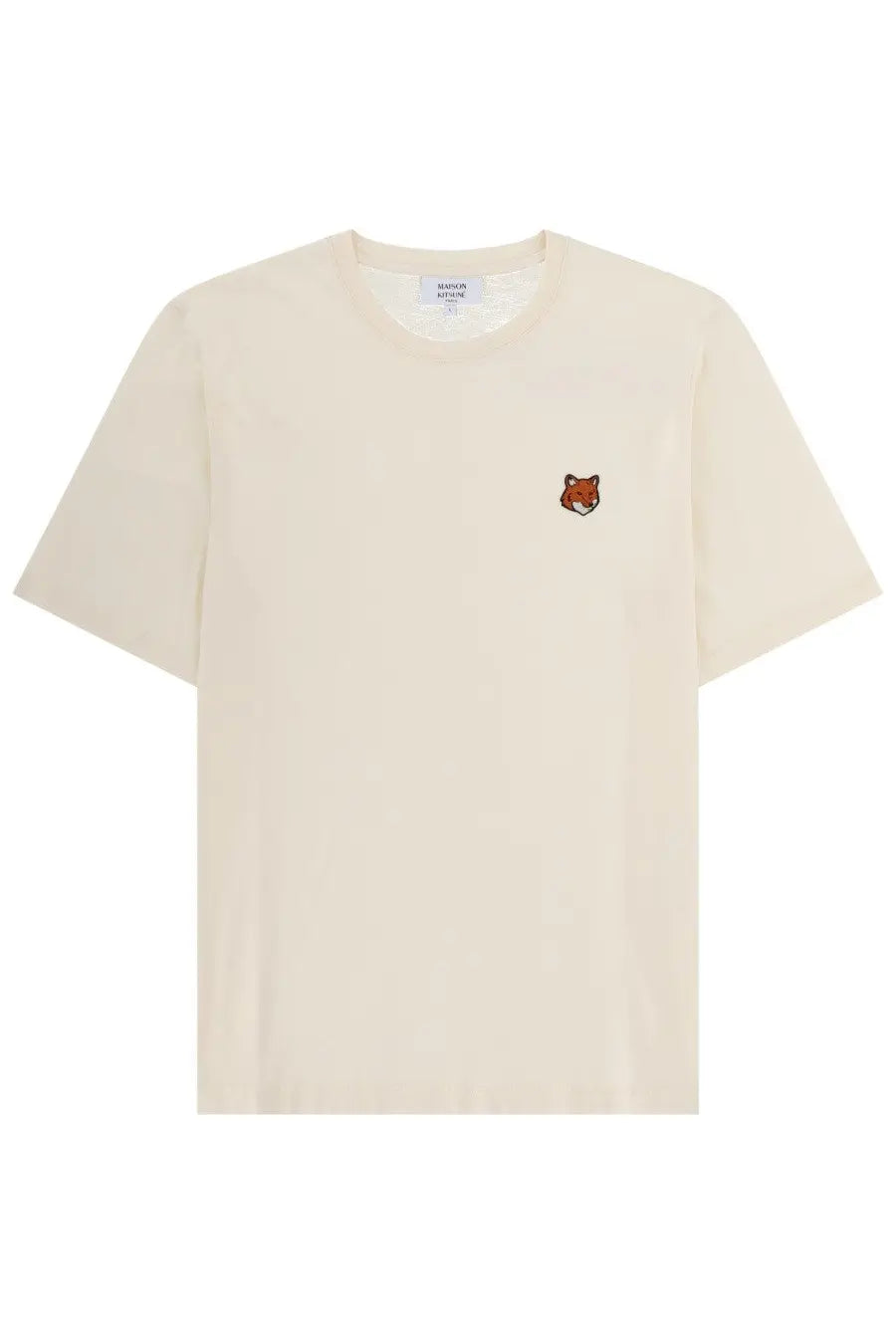 Maison Kitsuné men’s cream-colored cotton t-shirt with small embroidered fox face on the left chest in beige