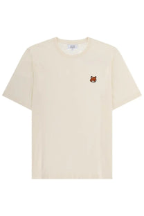 Maison Kitsuné men’s cream-colored cotton t-shirt with small embroidered fox face on the left chest in beige