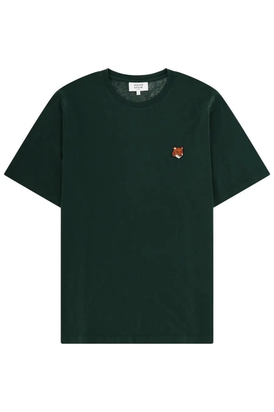 Maison Kitsuné men’s dark green short-sleeved t-shirt with small embroidered fox logo on left chest