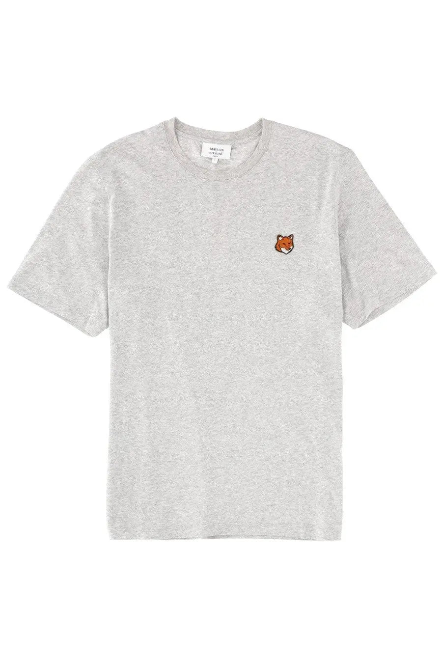 Maison Kitsuné men’s heather gray short-sleeved cotton t-shirt with small embroidered fox face on left chest