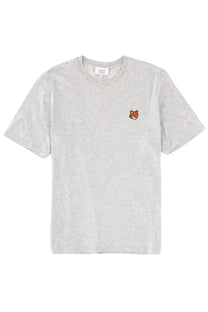 Maison Kitsuné men’s heather gray short-sleeved cotton t-shirt with small embroidered fox face on left chest