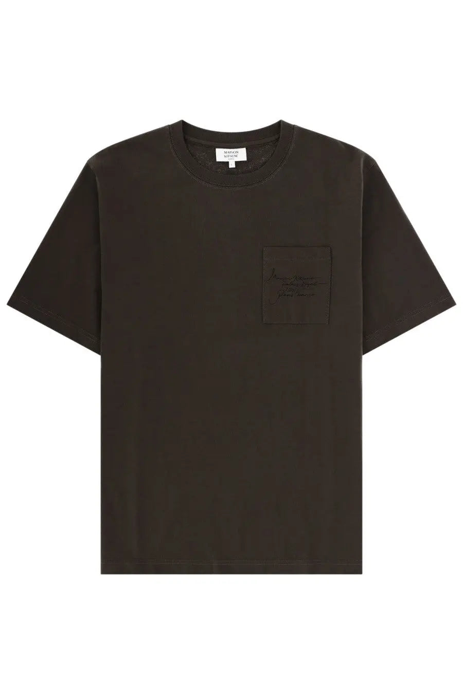 Maison Kitsuné men’s dark olive green short-sleeved t-shirt with subtle embroidered pocket on left chest