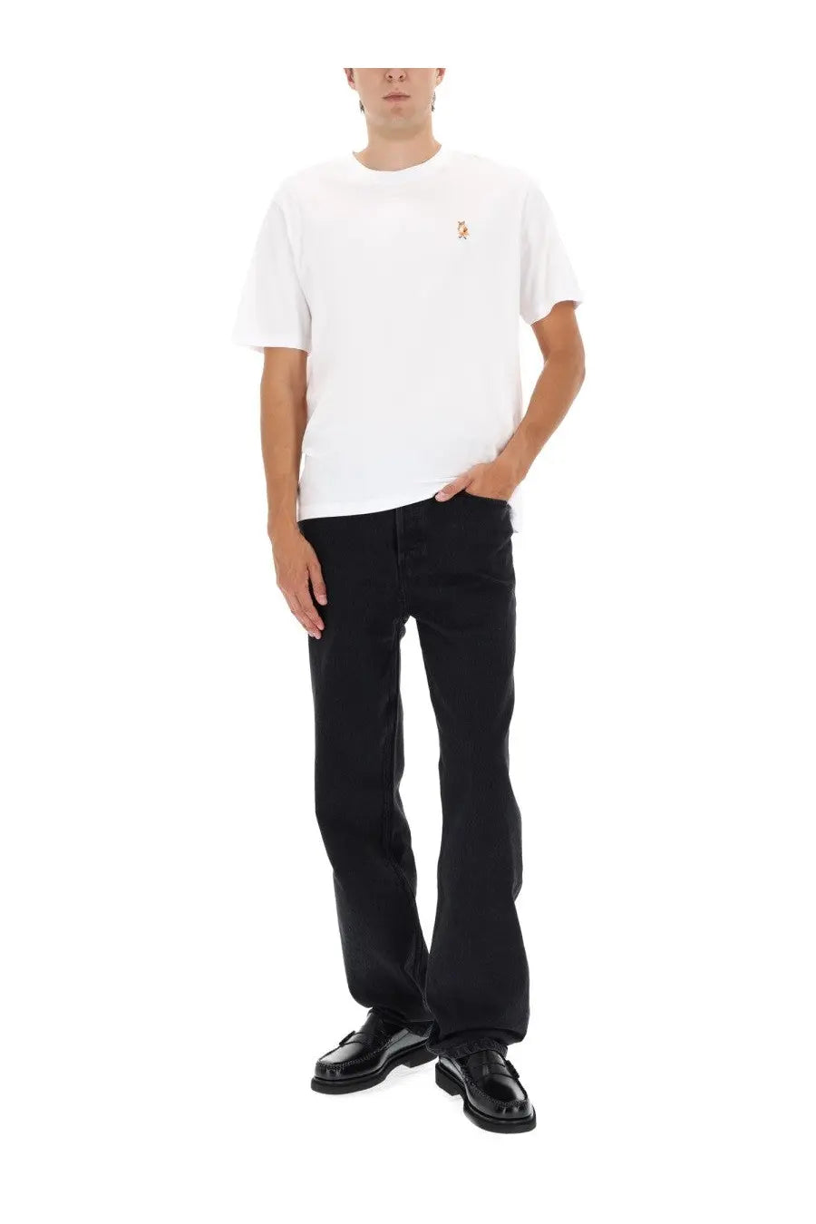 Maison Kitsuné men’s white cotton t-shirt with a small embroidered fox logo on the left chest for casual wear