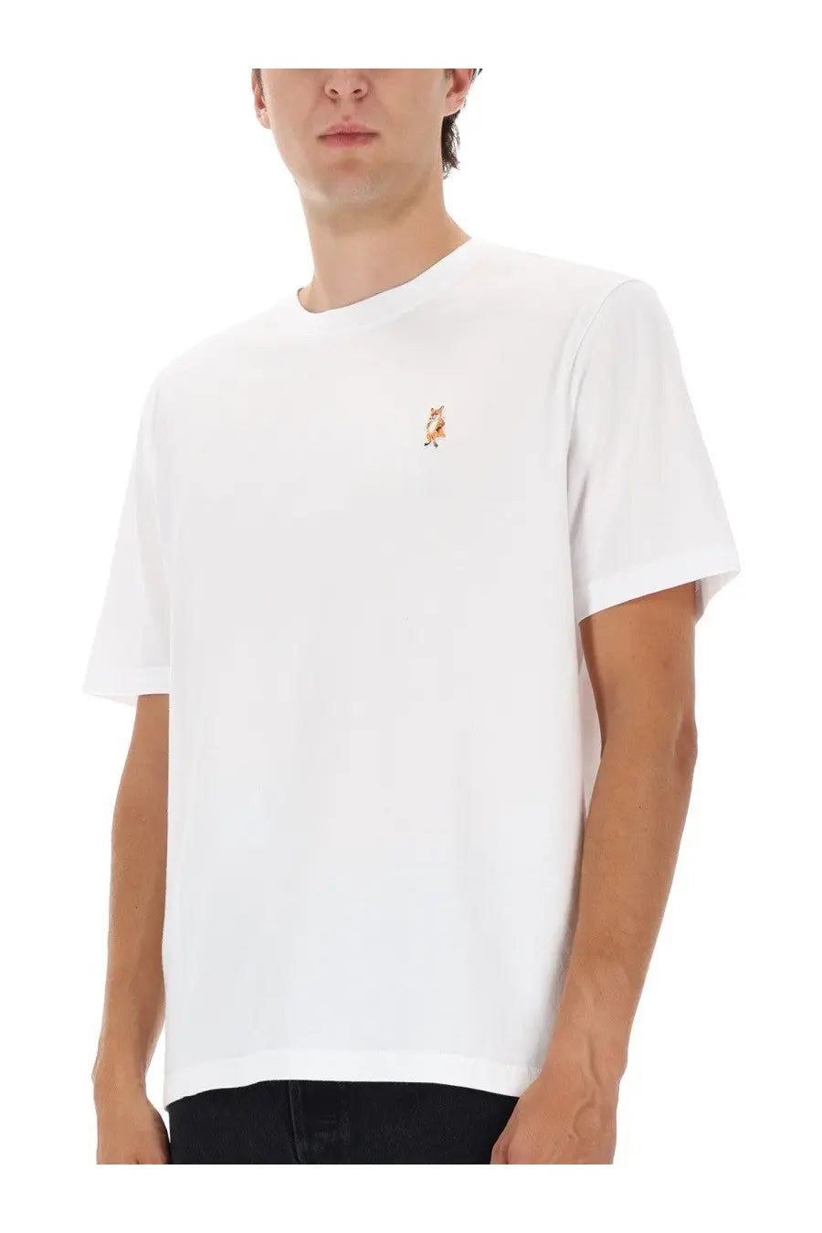 Maison Kitsuné men’s white cotton t-shirt with a small embroidered fox logo on the left chest