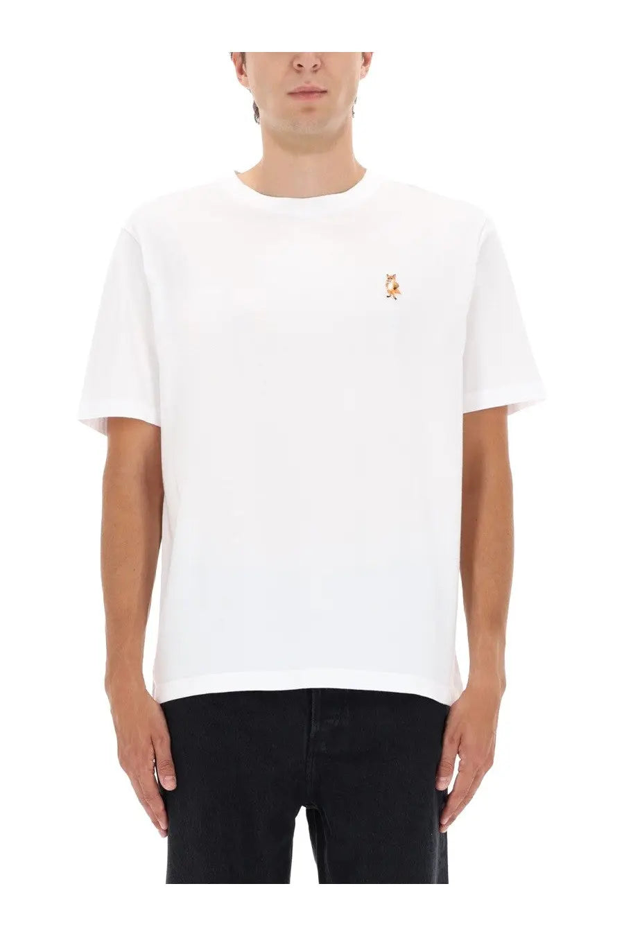 Maison Kitsuné men’s white short-sleeved cotton t-shirt with small embroidered fox logo on left chest