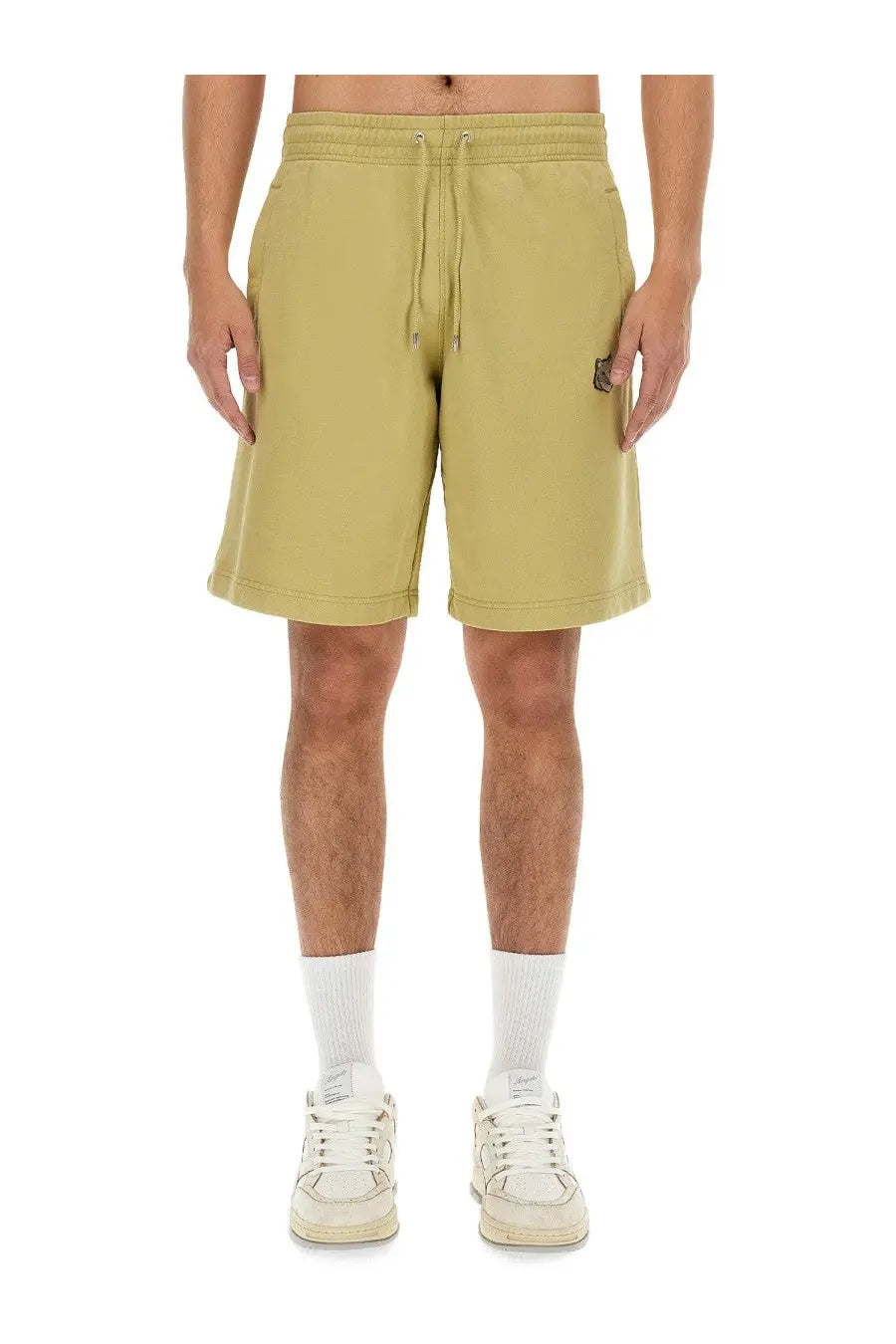 Maison Kitsuné men’s sweatshirt bermuda beige soft cotton khaki shorts with drawstring waistband and side pockets