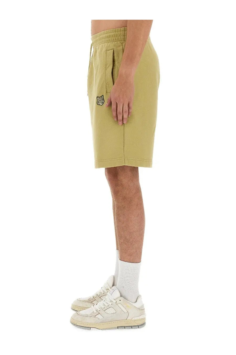 Olive green knit shorts with embroidered tiger logo on left thigh from maison kitsuné men’s sweatshirt bermuda beige collection