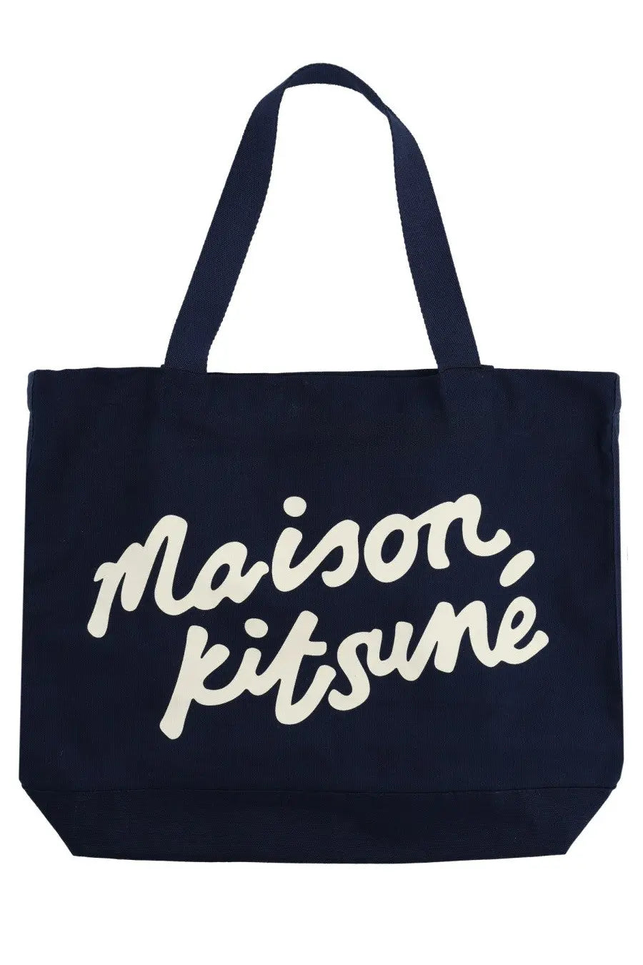 Navy blue canvas maison kitsuné men’s tote bag with white cursive logo perfect for everyday use
