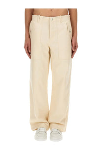 Maison kitsuné men’s cream wide-leg workwear pants with relaxed fit, large flap pockets, and button waist closure