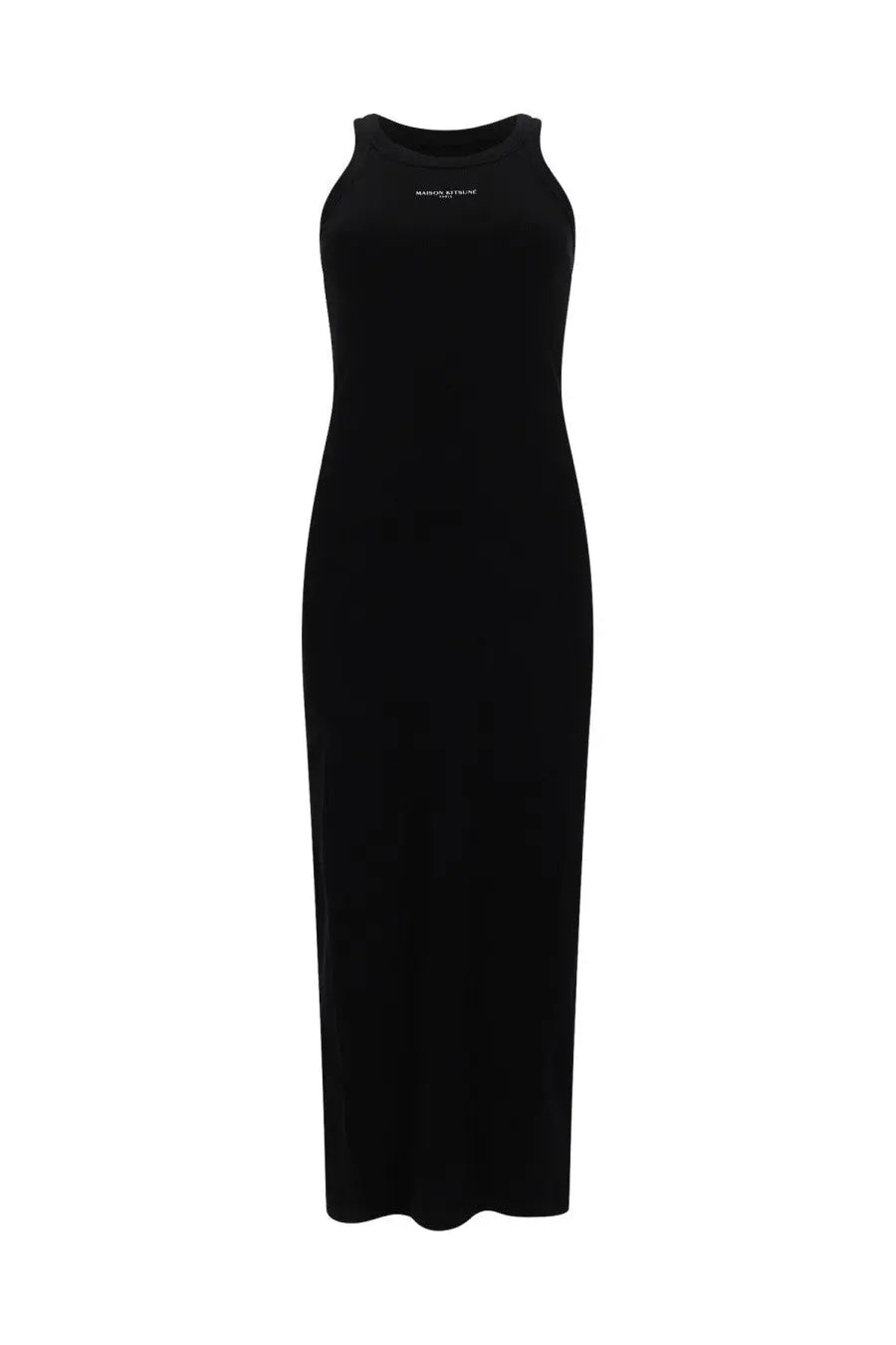 Maison Kitsuné women’s black sleeveless maxi dress with subtle white logo at the neckline perfect for elegant occasions