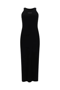Maison Kitsuné women’s black sleeveless maxi dress with subtle white logo at the neckline perfect for elegant occasions