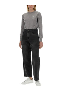 Black high-waisted wide-leg denim jeans with straight leg cut and classic five-pocket design for women