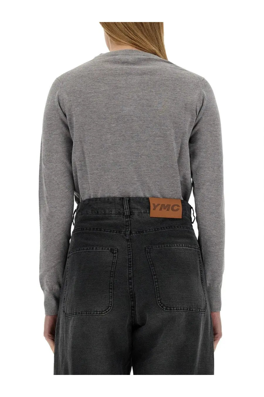Maison Kitsuné women’s baby fox jersey grey long-sleeve top with subtle texture and branded leather patch waistband