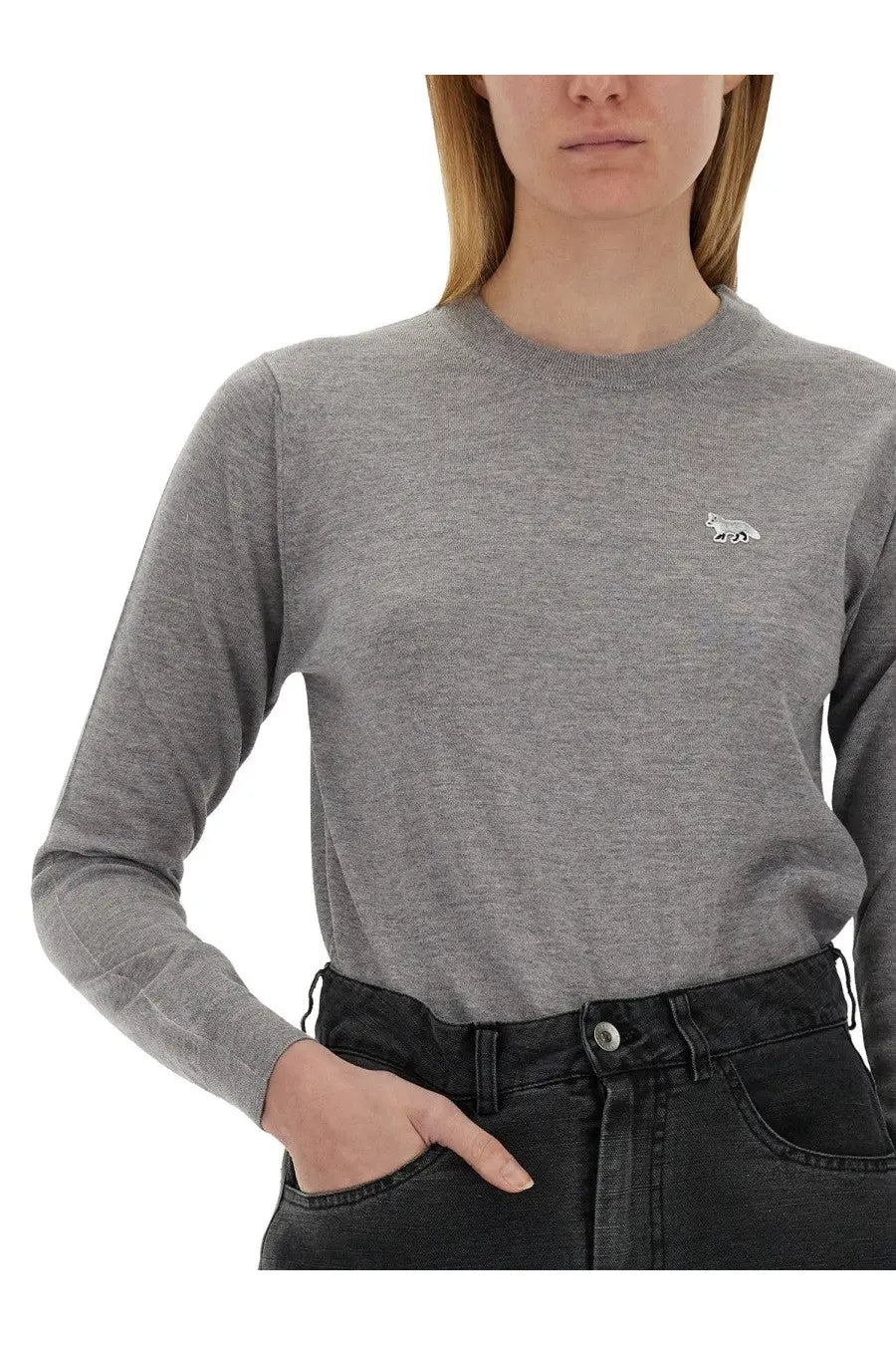 Maison Kitsuné women’s grey heathered long-sleeved baby fox jersey sweater with embroidered wolf logo on left chest