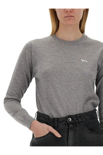 Maison Kitsuné women’s grey heathered long-sleeved baby fox jersey sweater with embroidered wolf logo on left chest
