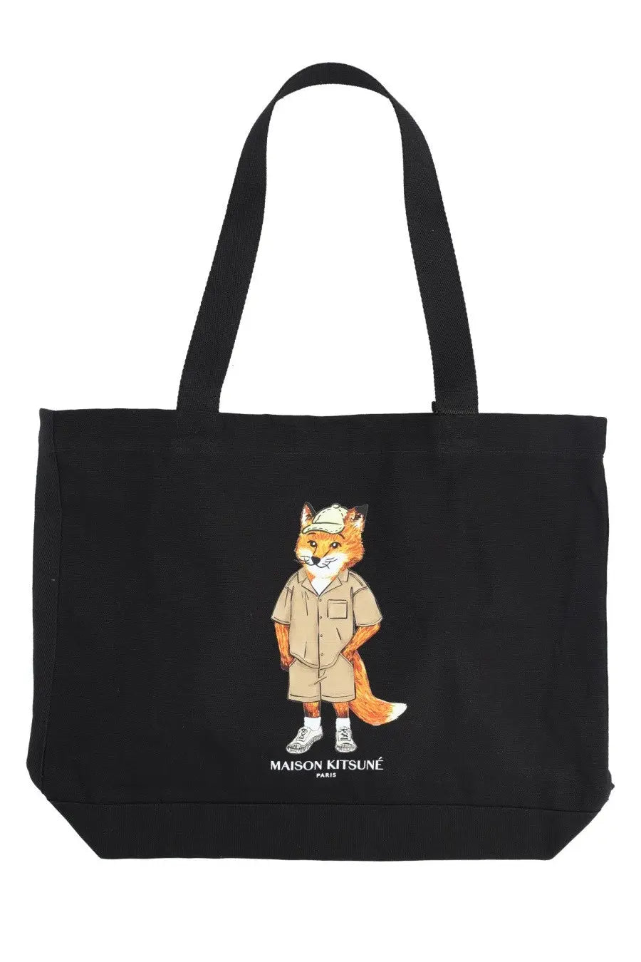 Maison Kitsuné women’s black canvas tote bag featuring a cartoon fox in beige safari attire and white cap