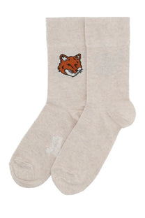 Maison Kitsuné women’s beige crew socks with embroidered orange and white fox face detail