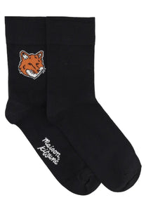Black cotton Maison Kitsuné women’s socks with pixelated orange fox face cuff embroidery and white script on side
