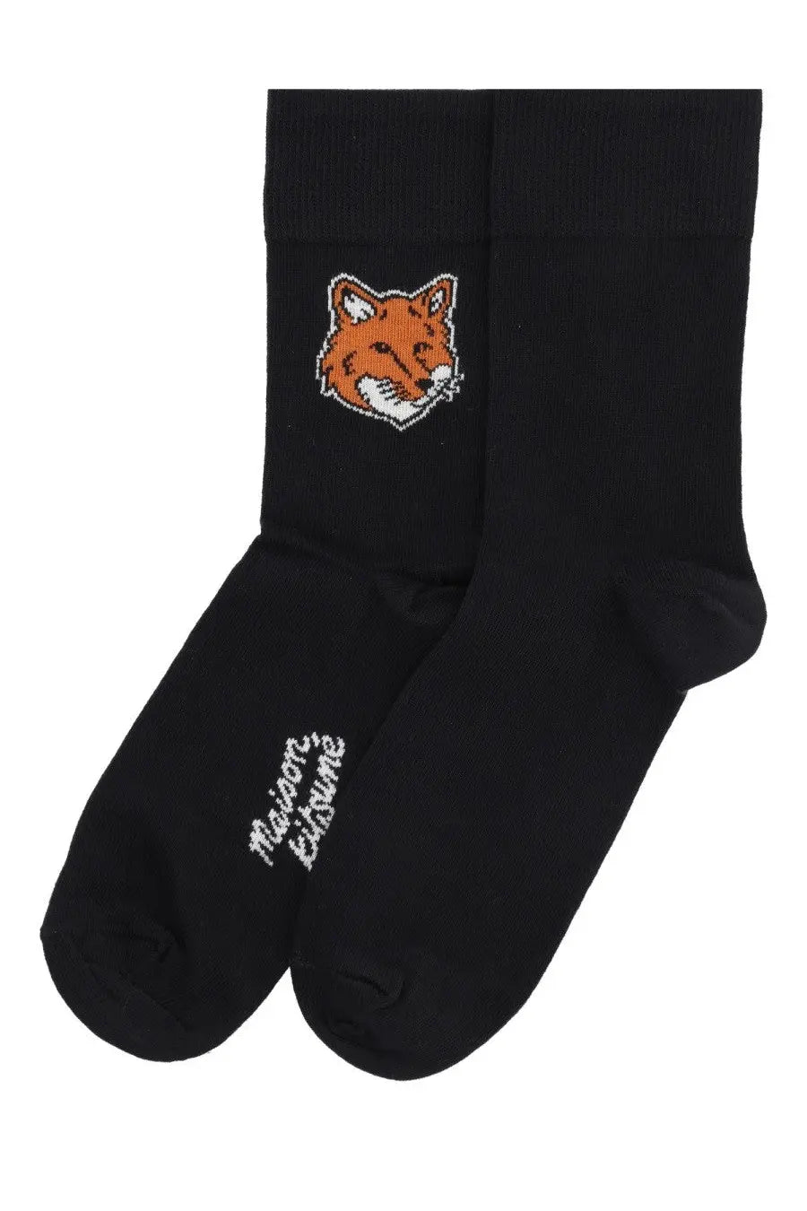 Maison Kitsuné women’s black cotton socks with pixelated orange fox face on cuff and white branding near toe