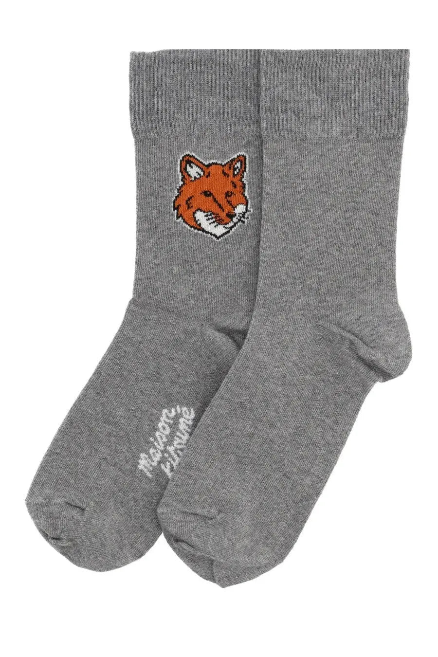 Maison Kitsuné women’s gray heathered socks with pixelated orange fox face embroidered on the cuff