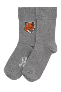 Maison Kitsuné women’s gray heathered socks with pixelated orange fox face embroidered on the cuff