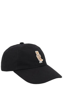 Maison Kitsuné women’s black baseball cap with embroidered beige and brown fox wearing a coat design