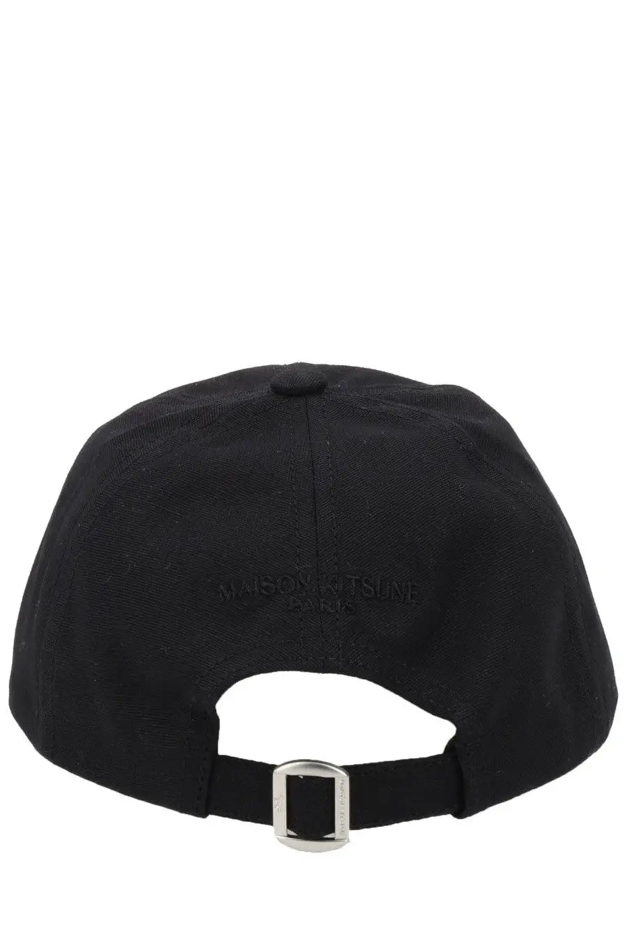 Back of maison kitsuné women’s cappello dressed fox black cotton baseball cap with silver metal buckle and embossed branding