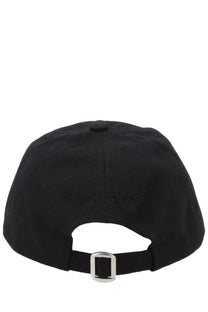 Back of maison kitsuné women’s cappello dressed fox black cotton baseball cap with silver metal buckle and embossed branding