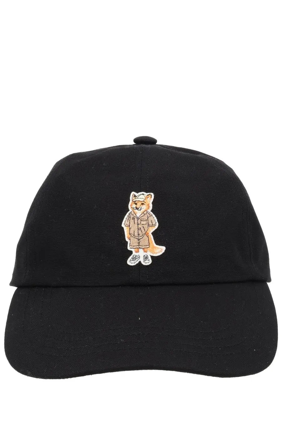 Maison kitsuné women’s black cotton baseball cap featuring an embroidered tan fox wearing shorts sneakers and a hat