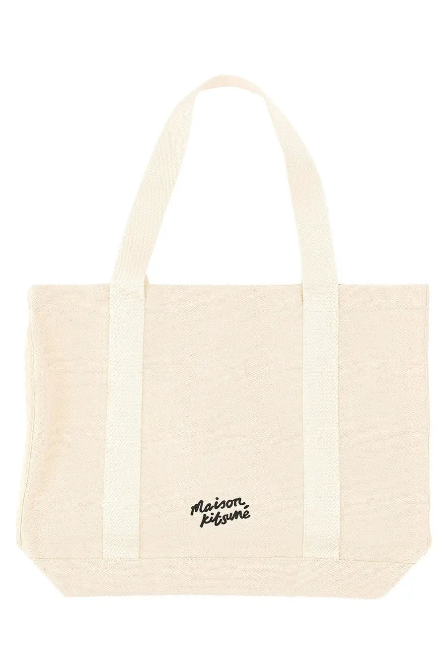 Cream-colored canvas tote bag with black embroidered maison kitsuné logo for women fox head print collection